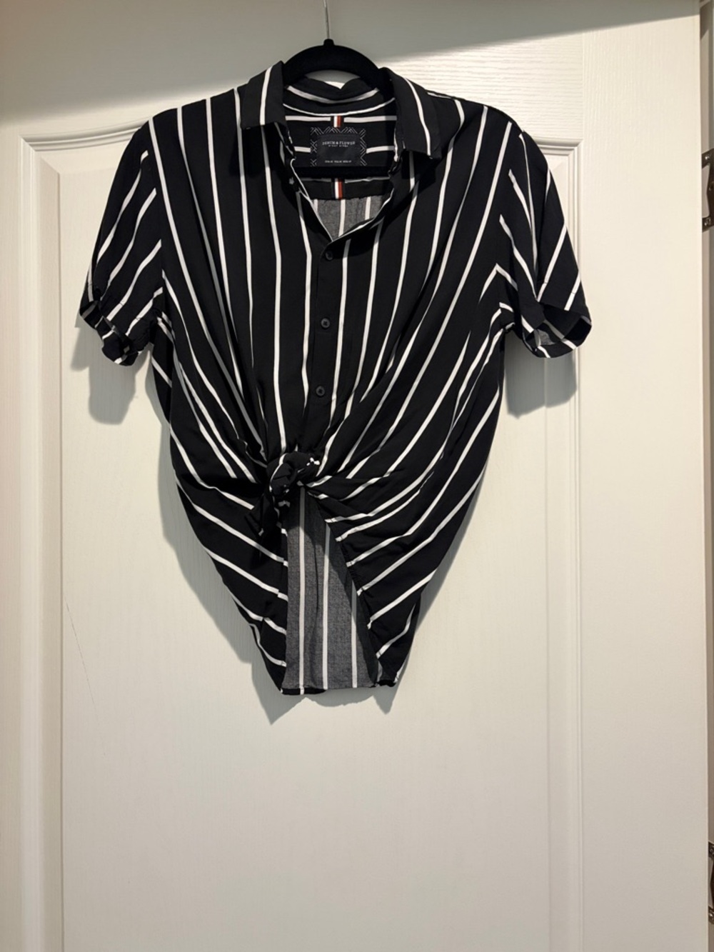 Striped Knot-Front Button Down Shirt - Black & White